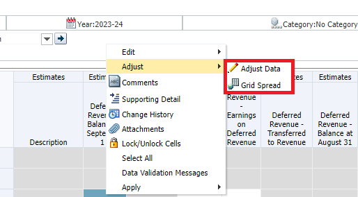 Right click shows adjust and highlights adjust data and grid spread