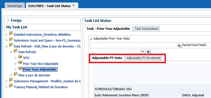 Highlighted Adjustable PY Data and Adjustable PY Enrolment tabs