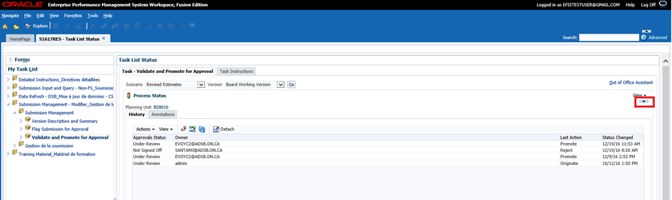 Status history and comments are displayed, view status changes collapse the pie chart by selecting the arrow in the right corner