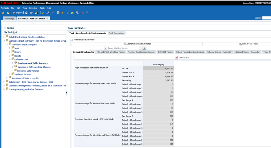 Shows the benchmarks & table amounts data form