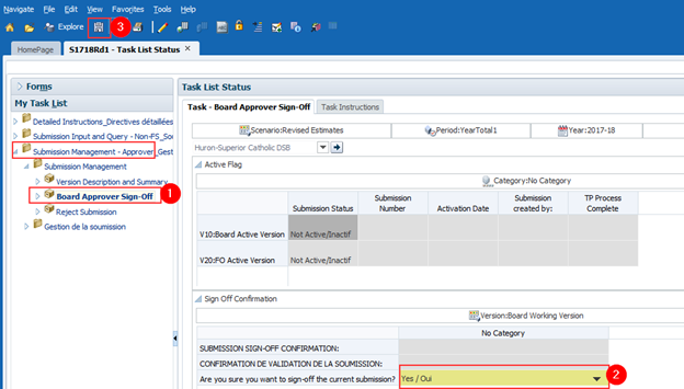 Highlighted
            submission management - approver then board approver sign off, select yes/oui in Are you sure you want to
            sign-off the current submission?