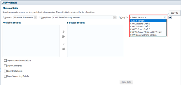 Selected copy to version, shows a list of scenarios user has access to