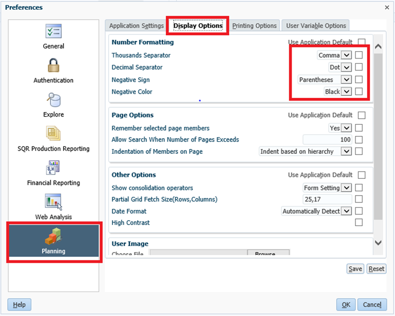 Display options settings from planning located on left hand side