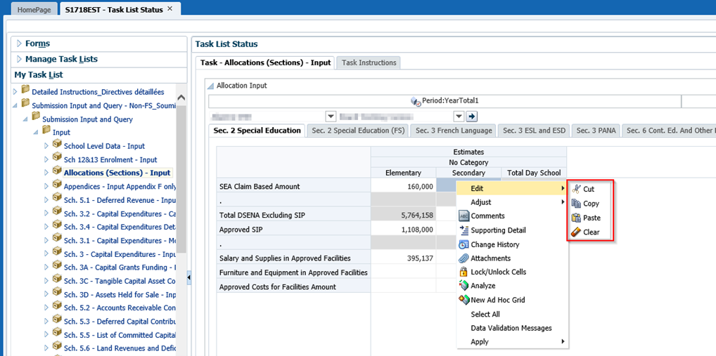 Select a cell and right click to select edit to show cut, copy, paste and clear functionality