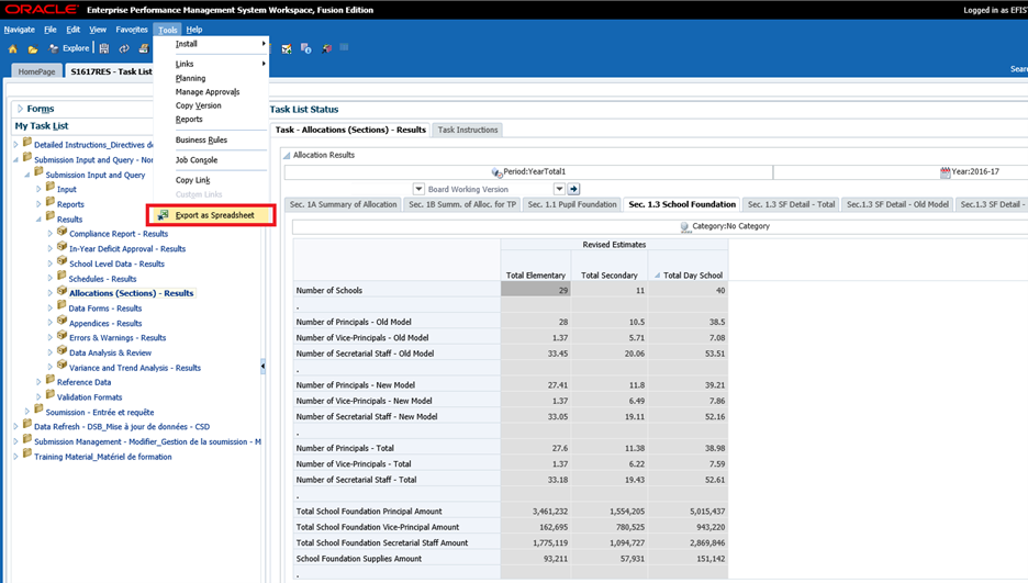 Selected tools then export as spreadsheet