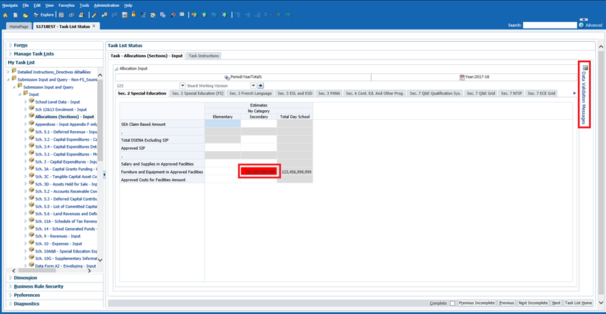 Displays an invalid cell highlighted in red and a data validation message on the right side of the form