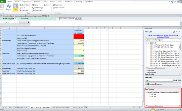 Shows red highlighted cells indicating invalid data, cells with invalid data are shown on the bottom right panel