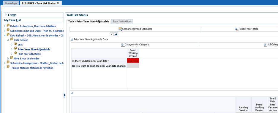 Shows the prior year non adjustable tab in task list