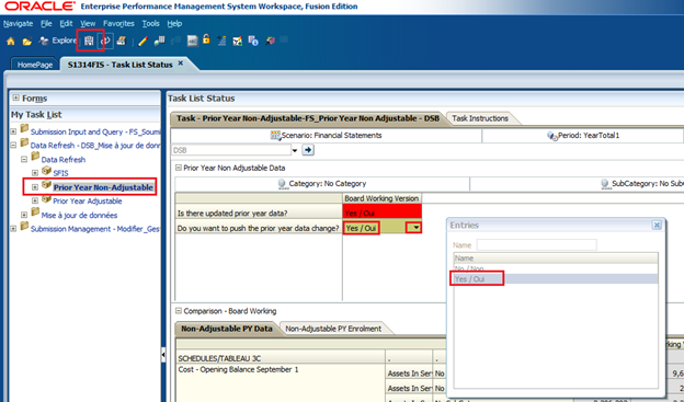 Shows to select do you want to push the prior year data change? and choose Yes/Oui from the drop down. Next we would click Save