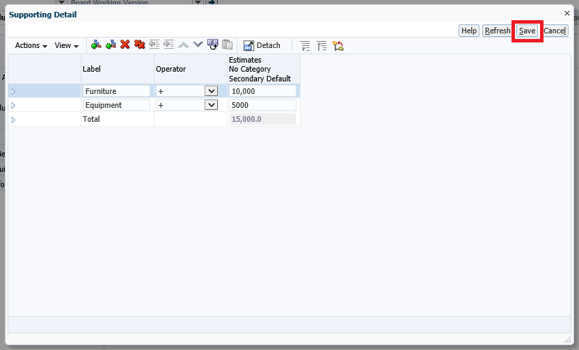 Example shows split details between equipment and furniture