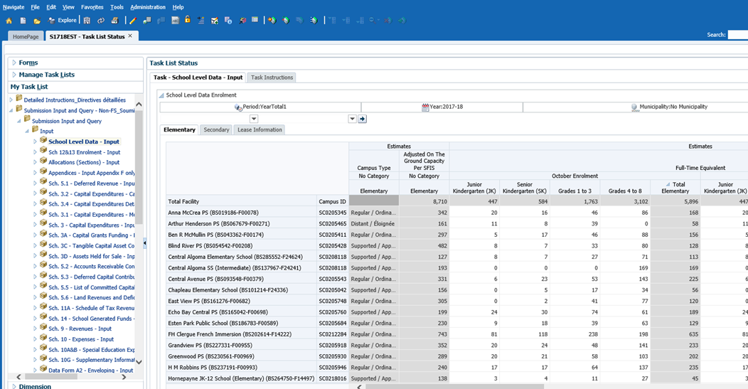 Displaying school level data input form with a tab for elementary and secondary