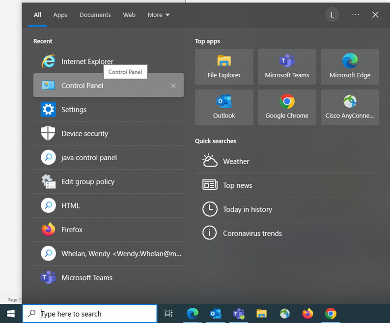 Windows control panel in start menu