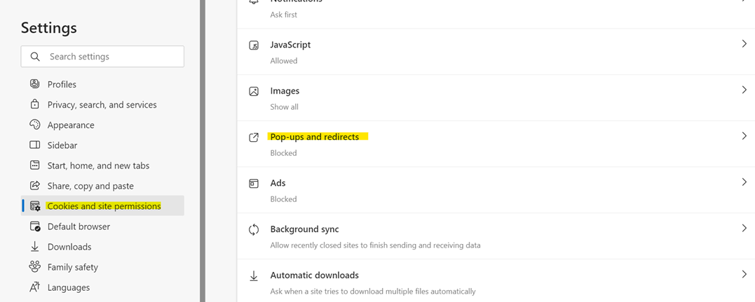 Edge settings, with cookies and site permissions highlighted on the left pane and pop-ups and redirects on the right