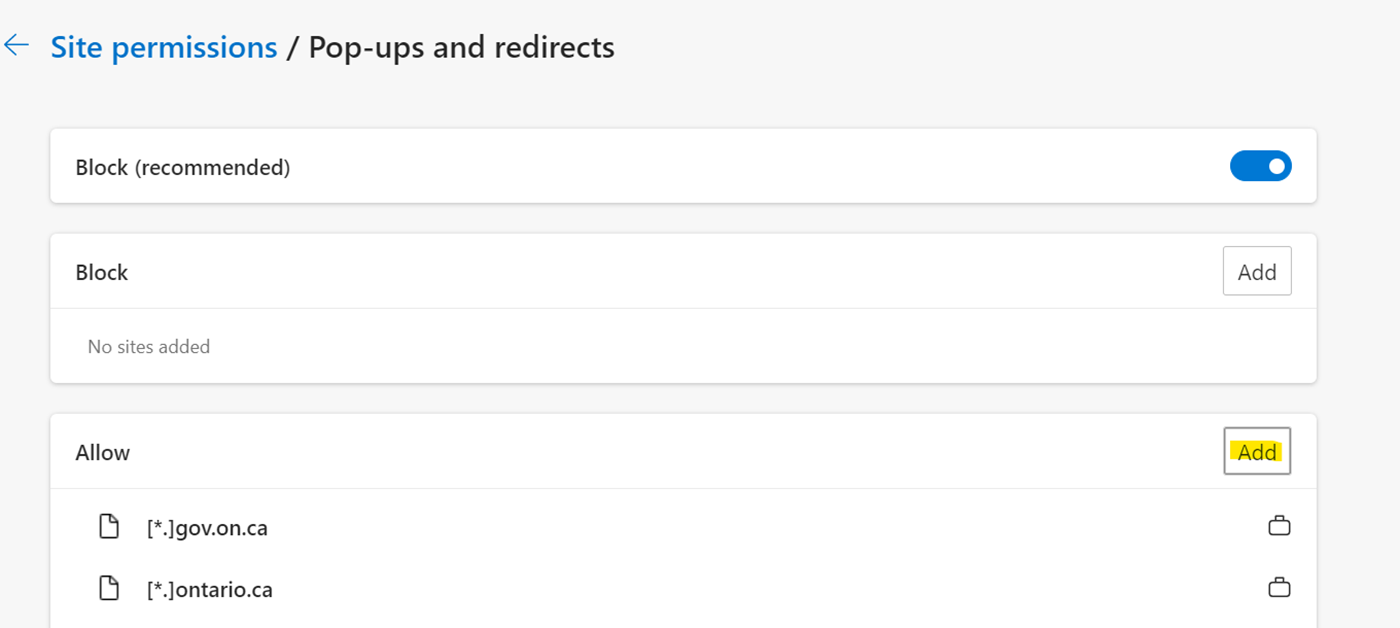 Add button highlighted in pop-ups and redirects tab, under Allow
