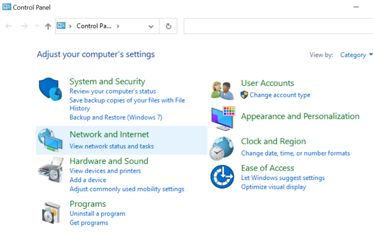 Network and internet settings highlighted in control panel