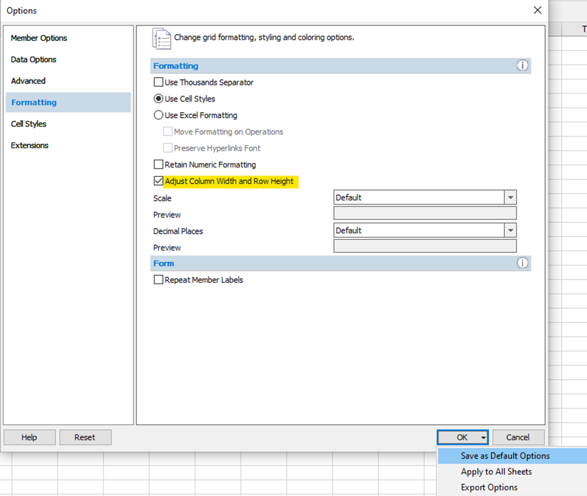 Smart View options checked checkbox for adjust column width and row height