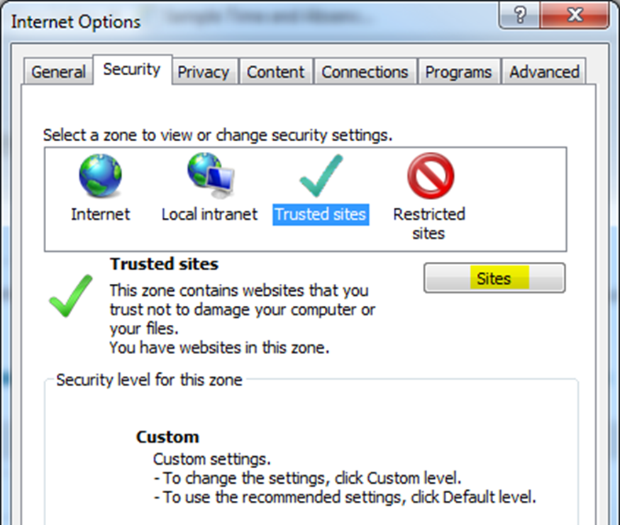 Sites button highlighted after clicking on Trusted sites in security tab