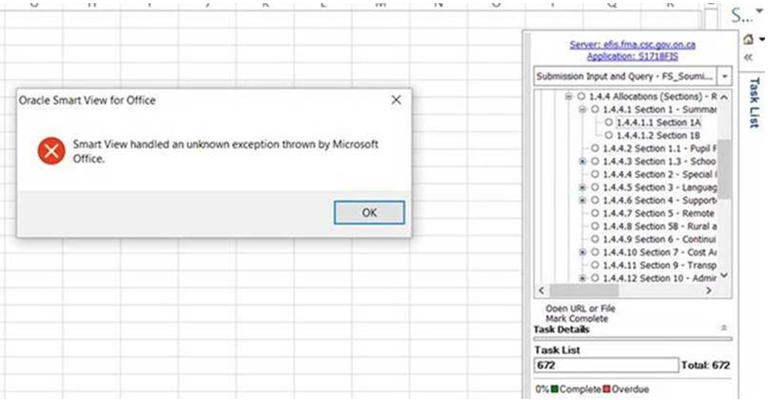 Smart View handled an unknown exception thrown by Microsoft Office