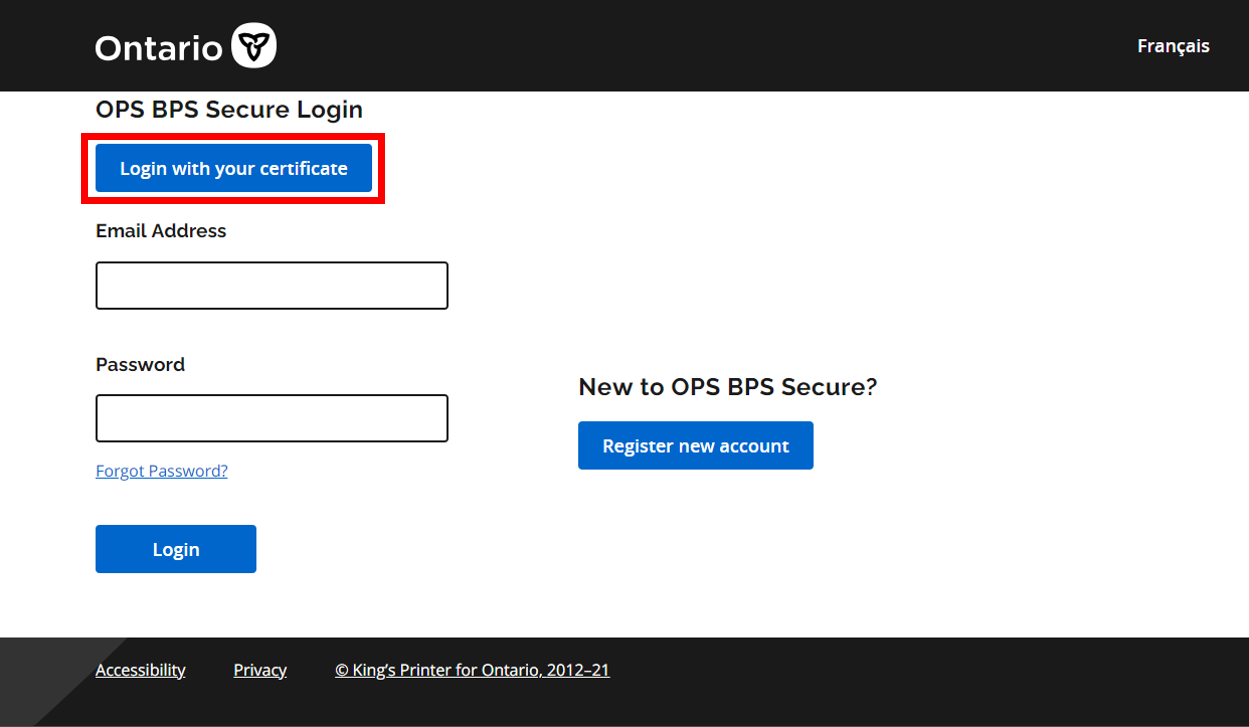 OPS BPS Secure Login Screen, users should click on login with your certificate