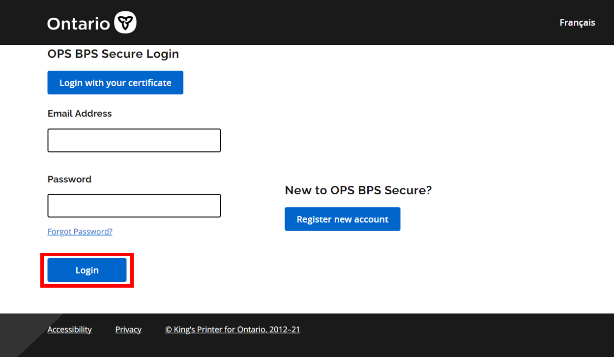 OPS BPS Secure Login Screen, users should enter email and password