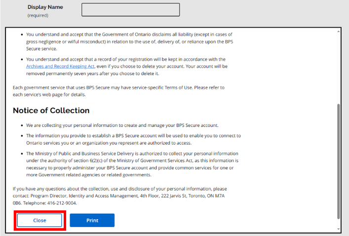 BPS Secure Registration Screen Step 2 Screen dealing with terms and conditions