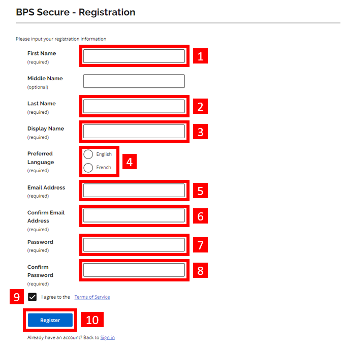 BPS Secure Registration Screen Step 2 Screen dealing with user information