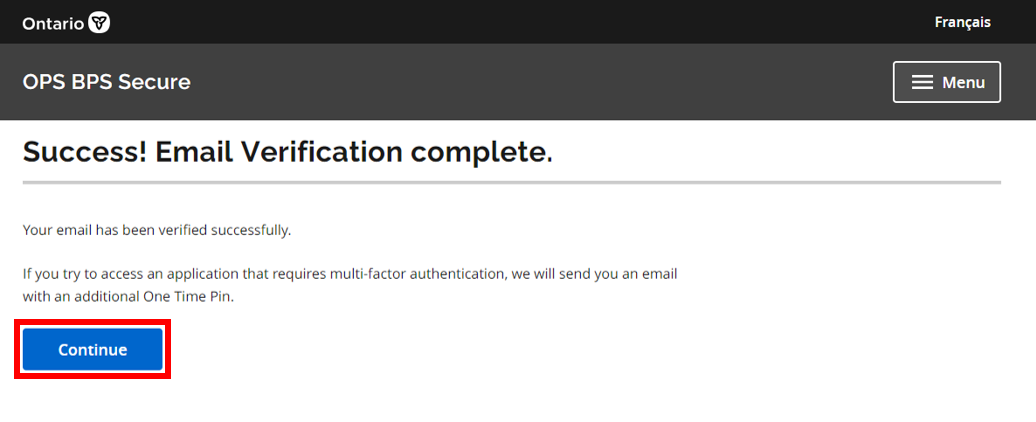 BPS Secure Registration Step 3 Screen; verification complete