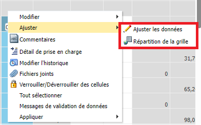 Un clic droit affiche l'ajustement et met en évidence l'ajustement des données et la répartition de la grille.