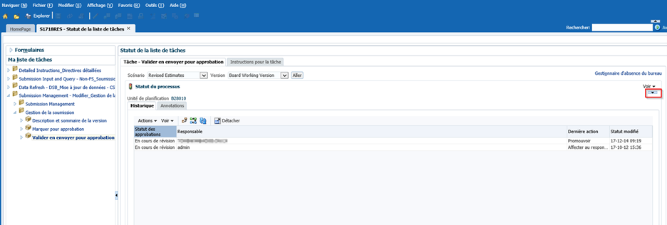 L'historique des statuts et les commentaires sont affichés, afficher les changements de statut, réduire le diagramme circulaire
               en sélectionnant la flèche dans le coin droit