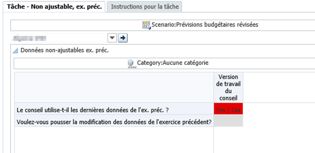 Version de travail du tableau en surbrillance, sélectionnée yes/oui pour les données de l'année précédente mises à jour