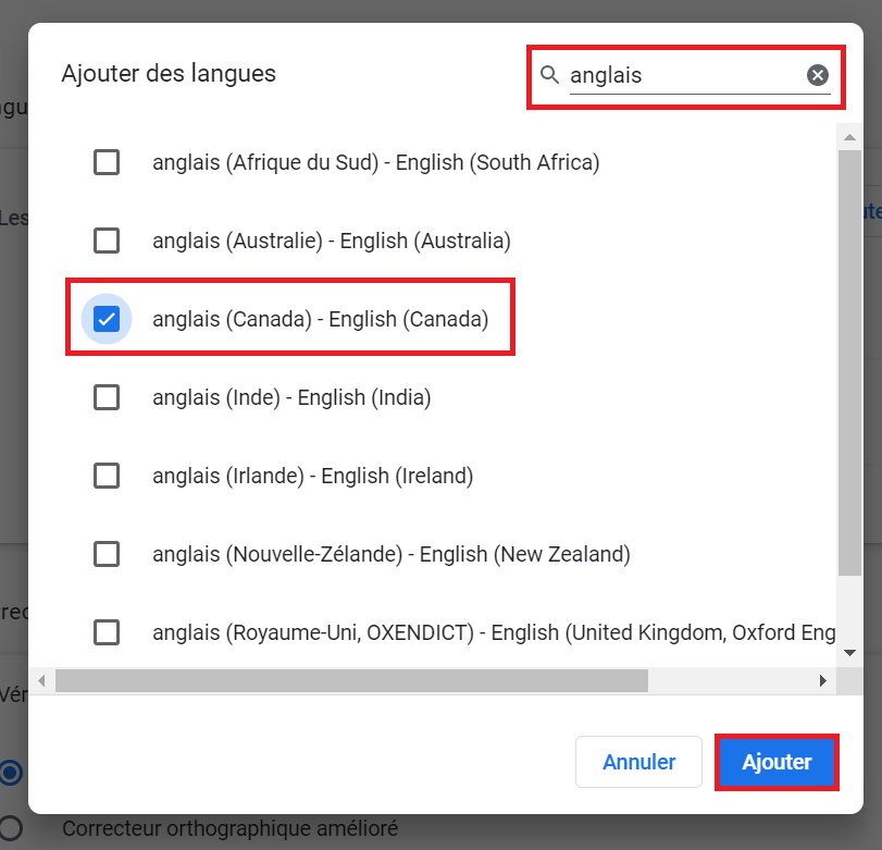 Barre de recherche en surbrillance et recherche de l'anglais (Canada)