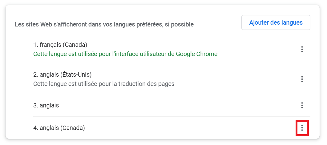 Cliquez sur les trois points à côté de l'anglais (Canada)