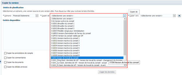 Copie sélectionnée à partir de la version, affiche une liste de scénarios