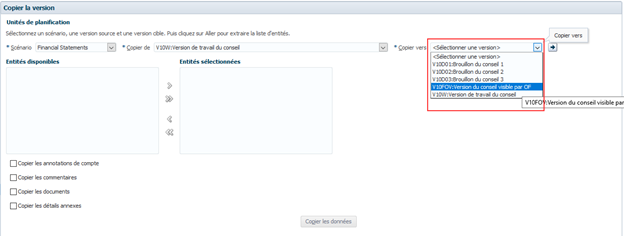 Copie sélectionnée vers la version, affiche une liste de scénarios auxquels l'utilisateur a accès