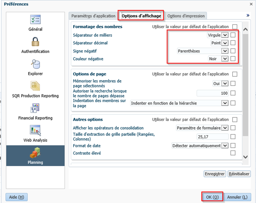 Afficher les paramètres des options de la planification située sur le côté gauche