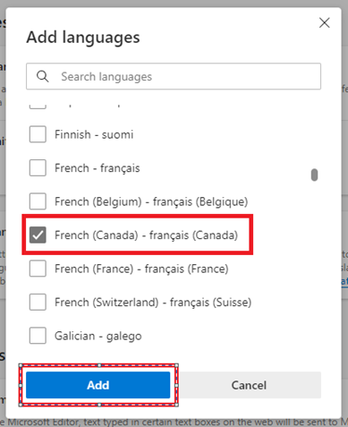 Français sélectionné (Canada) et cliquez sur ajouter