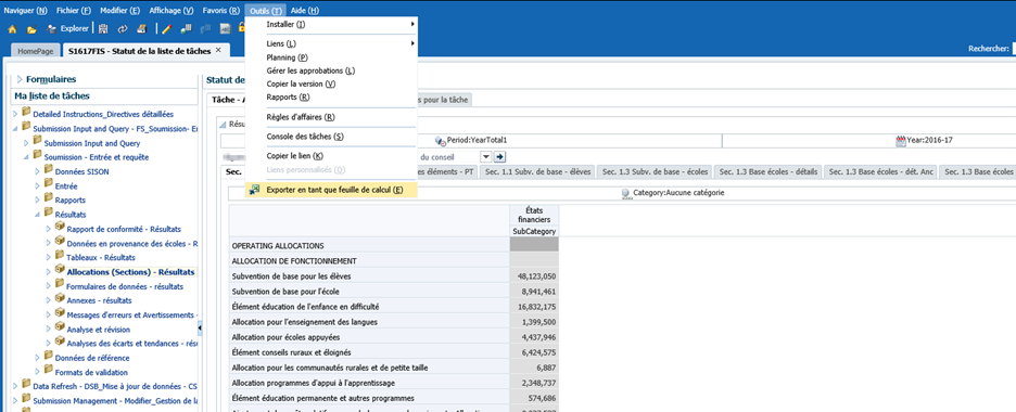 Outils sélectionnés puis exportés sous forme de feuille de calcul