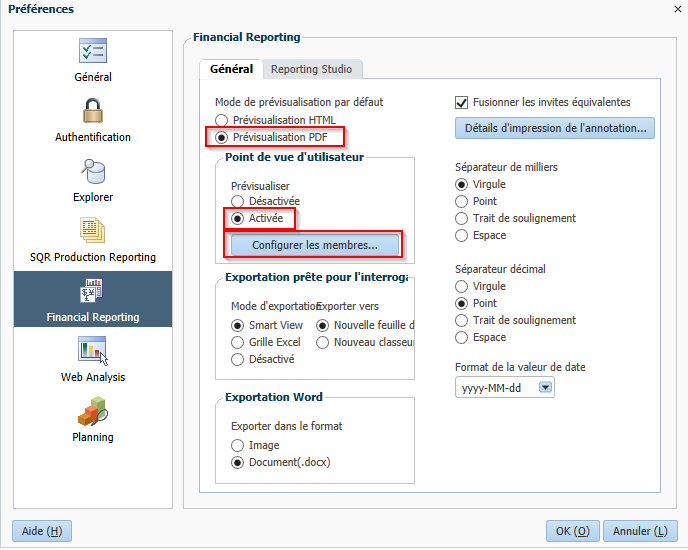 Écran de reporting financier, aperçu PDF en surbrillance, aperçu activé et cliquez sur Configurer les membres