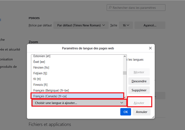 Français sélectionné (canada) et sélectionnez une langue à ajouter