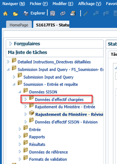 Onglet Données d'inscription chargées sous Entrée de soumission et données de requête/SISOn