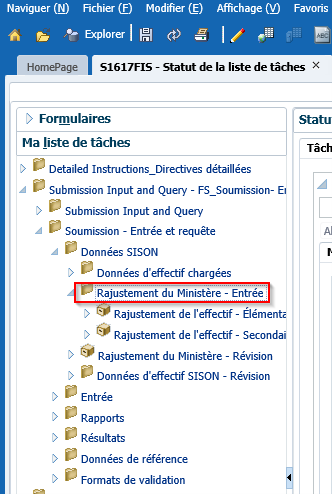 Ajustement du ministère sélectionné - Onglet de saisie dans la liste des tâches sous les données du SISOn