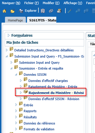 Ajustement du ministère sélectionné - onglet de révision dans la liste des tâches sous les données du SISOn