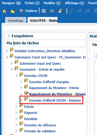 Onglet d'examen des données d'inscription au SISOn sélectionné dans la liste des tâches sous Données SISOn