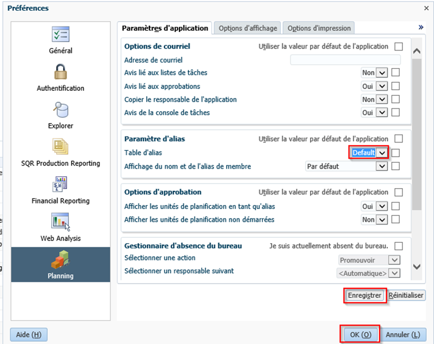 Définition de la langue dans la planification, sous les paramètres de l'application, modifiez les paramètres de
               l'alias et cliquez sur ok