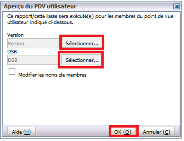 L'écran de prévisualisation du POV de l'utilisateur affiche la version sélectionnée et le DSB.