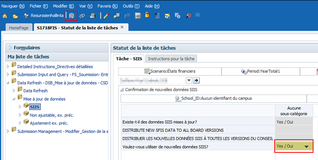 Sélectionné oui/oui, Souhaitez-vous utiliser de nouvelles données SFIS? liste déroulante et sélectionnez Enregistrer