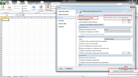 Affiche le module complémentaire Smart View, les options sélectionnées, avancées, spécifiez l'URL des connexions
              partagées et cliquez sur ok.