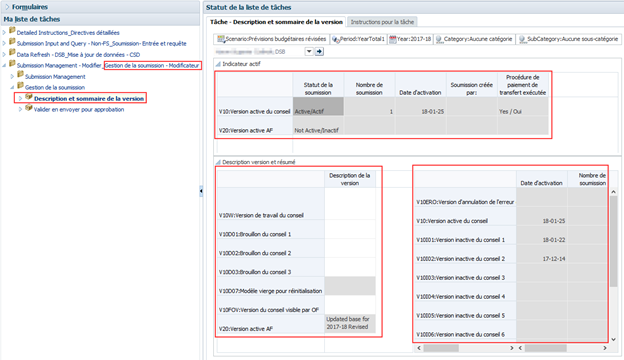 Description de la version en surbrillance et section récapitulative dans la liste des tâches