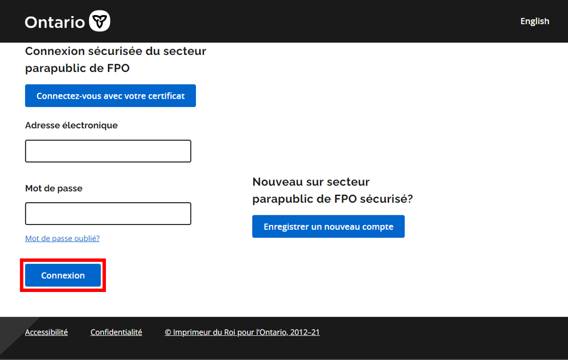 Écran de connexion sécurisée du secteur parapublic de FPO, utilisateurs entrent leur adresse e-mail et leur mot de passe